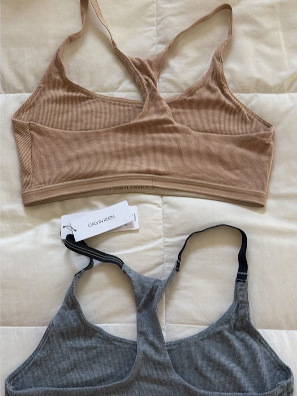 Calvin Klein Ribbed Wireless Bralettes in Beige and Gray
